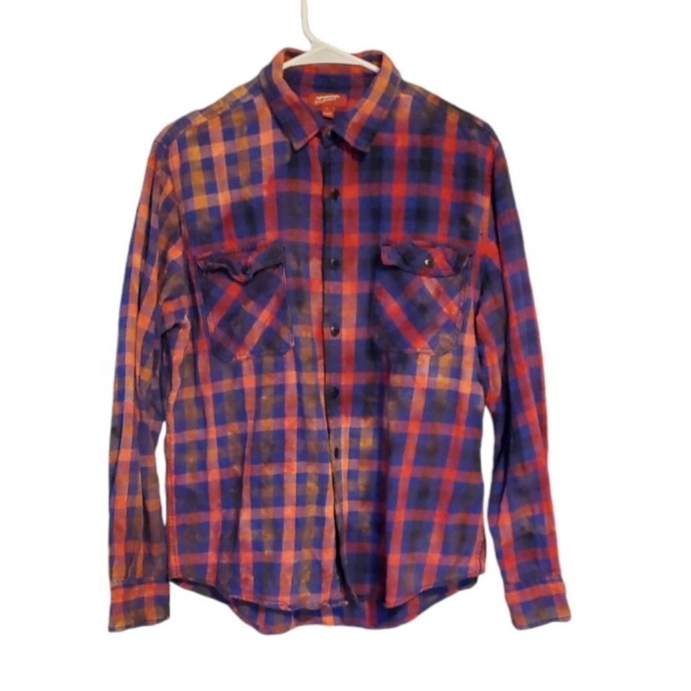 Arizona Jean Co Boys Large Flannel Shirt Blue Red Plaid Fade Button Up Youth